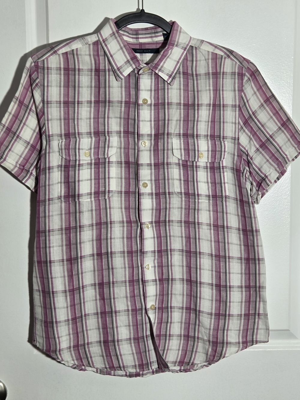 Perry Ellis Men's Blue Linen Cotton Shirt Short Sleeve, Button-Up, Size Medium
